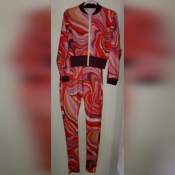 Red Print Zipper Collar Long Sleeve Two Piece Set - Picture 5 of 6